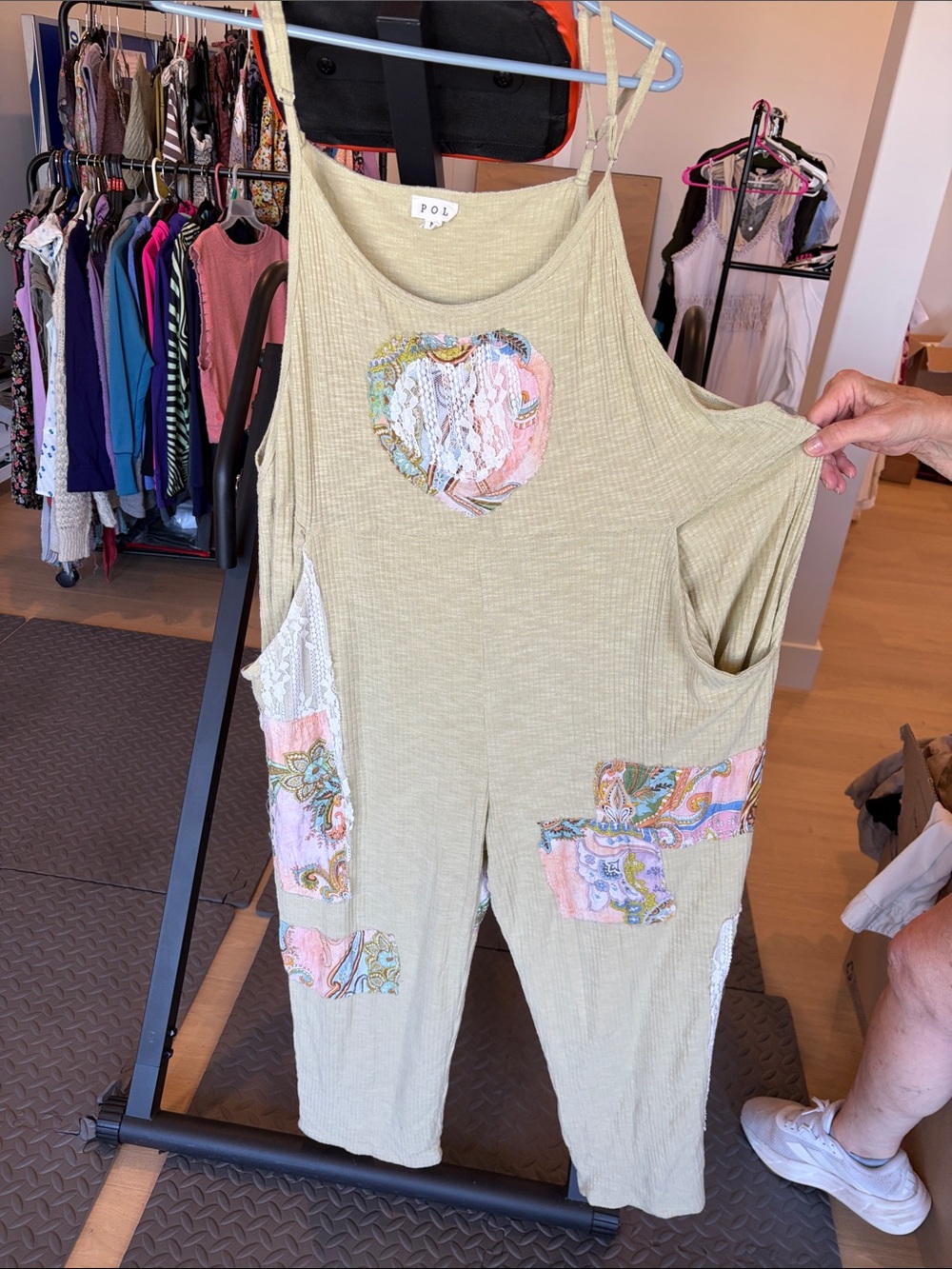 POL Light Sage Patchwork Jumpsuit with Pastel Paisley Accents